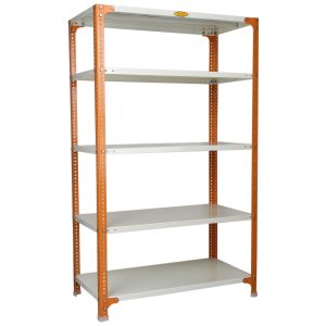 Mil-Nil Prime CRC Sheet 5 Shelf Multipurpose Slotted Angle Rack, 60 x 36 x 18 Inch, 18 Gauge [(Orange-Ivory) Powder Coating] 14 Gauge Angles
