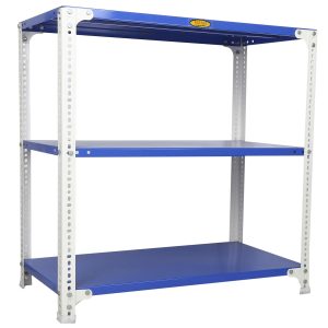 Mil-Nil Prime CRC Sheet 3 Shelf Multipurpose Slotted Angle Rack, 36 x 36 x 18 Inch, 18 Gauge [(Blue-White) Powder Coating] 14 Gauge Angles