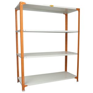 Mil-Nil Prime CRC Sheet 4 Shelf Multipurpose Slotted Angle Rack, 60 x 47 x 18 Inch, 18 Gauge [(Orange-Ivory) Powder Coating] 14 Gauge Angles