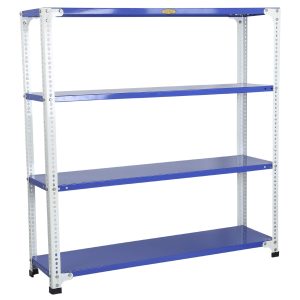 Mil-Nil Prime CR Sheet 4 Shelf Multipurpose Slotted Angle Rack, 48 x 47 x 12 Inch, 22 Gauge (Blue-White) Powder Coated 16 Gauge Angles