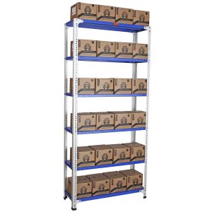 Mil-Nil Prime CRC Sheet 72X36X12 Inch Multipurpose Storage, Adjustable Shelf, Slotted Angle Rack with 6 Shelves 18 Gauge_Blue/White 14 Gauge Angles